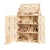 A light natural wood dollhouse with three open-story levels, shown fully opened with doors and roof up against a plain white background. The dollhouse includes small wooden furniture pieces, stairs, windows, and tiny figurines inside.