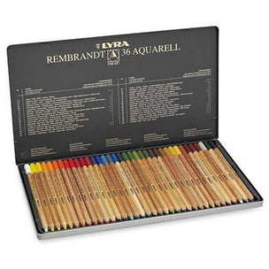 A 36-color set of Rembrandt LYRA aquarell pencils in an open metal tin, showing a full spectrum of colors from yellow and orange to blue, purple, and red, with the black interior lid displaying the brand name and color chart.