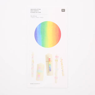 Wax sheets with rainbow color swatch on a white background