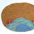 A handcrafted felted wool art piece shaped like a landscape, featuring a golden-brown sky with pinkish stripes, a blue and teal mountain range, and small red-and-white polka dot mushrooms with wooden stems.