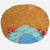 A handcrafted felted wool rug shaped like a landscape, featuring a golden-brown and pink sky, a blue mountain range, and small red-and-white mushrooms with gray stones.