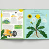Open book showing a detailed illustration of a dandelion plant with text on a light gray background