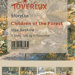 StoryLux Children of the Forest by Elsa Beskow, featuring a collage of forest illustrations and a translucent title card with the TOVERLUX logo.