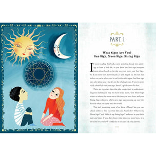Illustrated page from a book with two people sitting under celestial symbols and text.