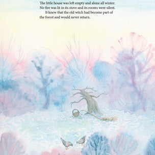 Winter scene of birds in a forest clearing from children's book The Little House that Needed a Witch