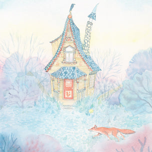 Illustration of a small house with a fox in a snowy landscape