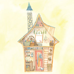 Illustration of a quaint house with a ladder and various items on a yellow background
