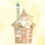 Illustration of a quaint house with a ladder and various items on a yellow background