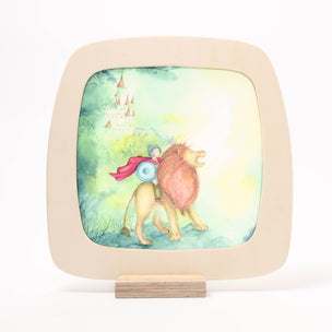 Decorative lamp with a colorful illustration of a lion and fairy on a pastel background