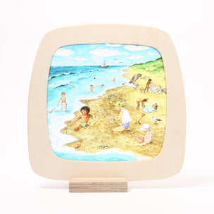 Silhouette displaying a beach scene with people on a white background