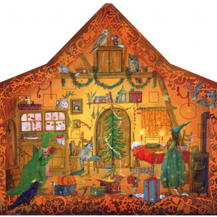 Advent Calendar Painted by Daniella Drescher of Merlina in a decorated room with a dragon and other animals