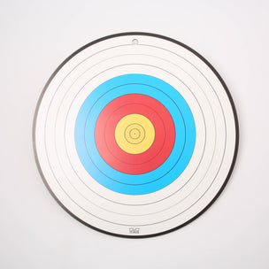 A circular archery target with concentric rings in white, black, blue, red, and yellow, photographed against a plain light background.