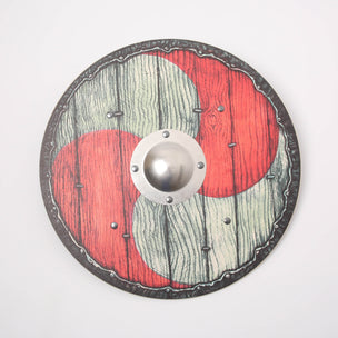 A round Viking-style wooden shield with a red and light gray wood-grain pattern, a dark gray metal rim, and a silver-colored central metal boss, shown against a plain white background.