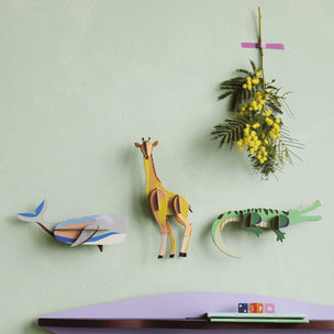 Decorative wall hooks shaped like a giraffe, lizard, and airplane on a light green wall.