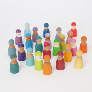 Wooden peg dolls in rainbow and pastel colours from Grimm's | Conscious Craft