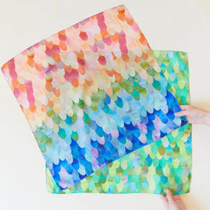 Hand dyed silk square with rainbow feather pattern from Sarah's Silks | Conscious Craft