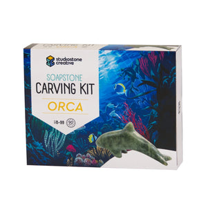 Under the sea themed box displaying Studiostone Creative's Soapstone Orca making kit | Conscious Craft