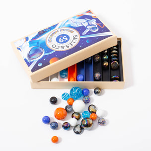 Box of Space Mission 59 various marbles in red orange blue white multi colours from Billes & Co 