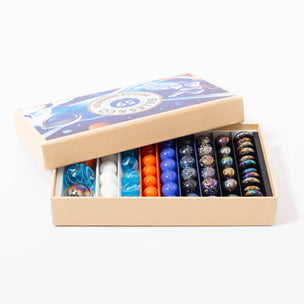 Box of Space Mission 59 various marbles in red orange blue white multi colours from Billes & Co 