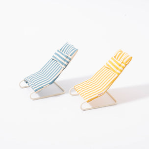 Maileg beach chair set in blue and white stripe, and yellow and white stripe | © Conscious Craft