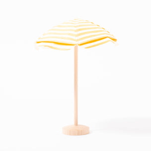 Maileg yellow and white stripe beach umbrella on wooden stand | © Conscious Craft