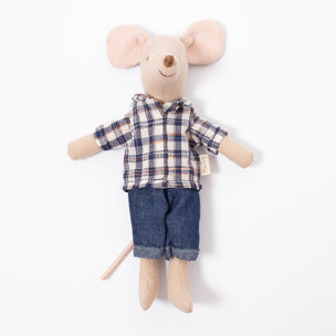 Maileg Dad Mouse in denim and checked shirt