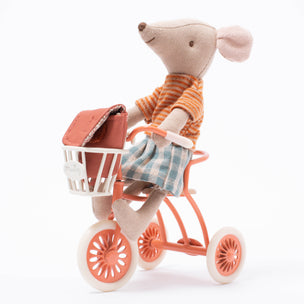 Maileg mouse riding tricycle in coral