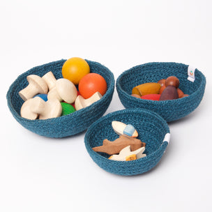 ReSpiin Jute Mini Bowl Set  with Grapat & Ostheimer Wooden toys | Denim | © Conscious Craft