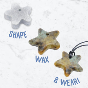 images displaying a before carving, during carving and a finished sea star necklace.